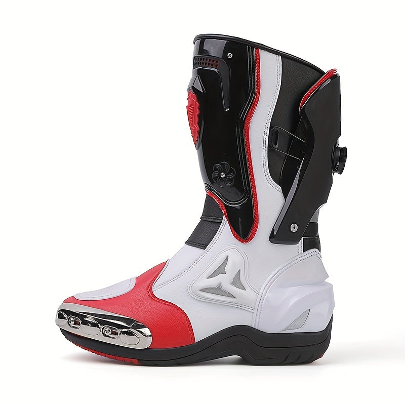 JG•WOLVES Men's Motorcycle Riding Boots - Windproof, Warm, All-Season Pull Tab Design, Black & Red Geometric Pattern, Sizes 39-47, Rubber Sole, Microfiber Synthetic Upper, Fabric Lining, Outdoor Cycling Gear | Geometric Pat