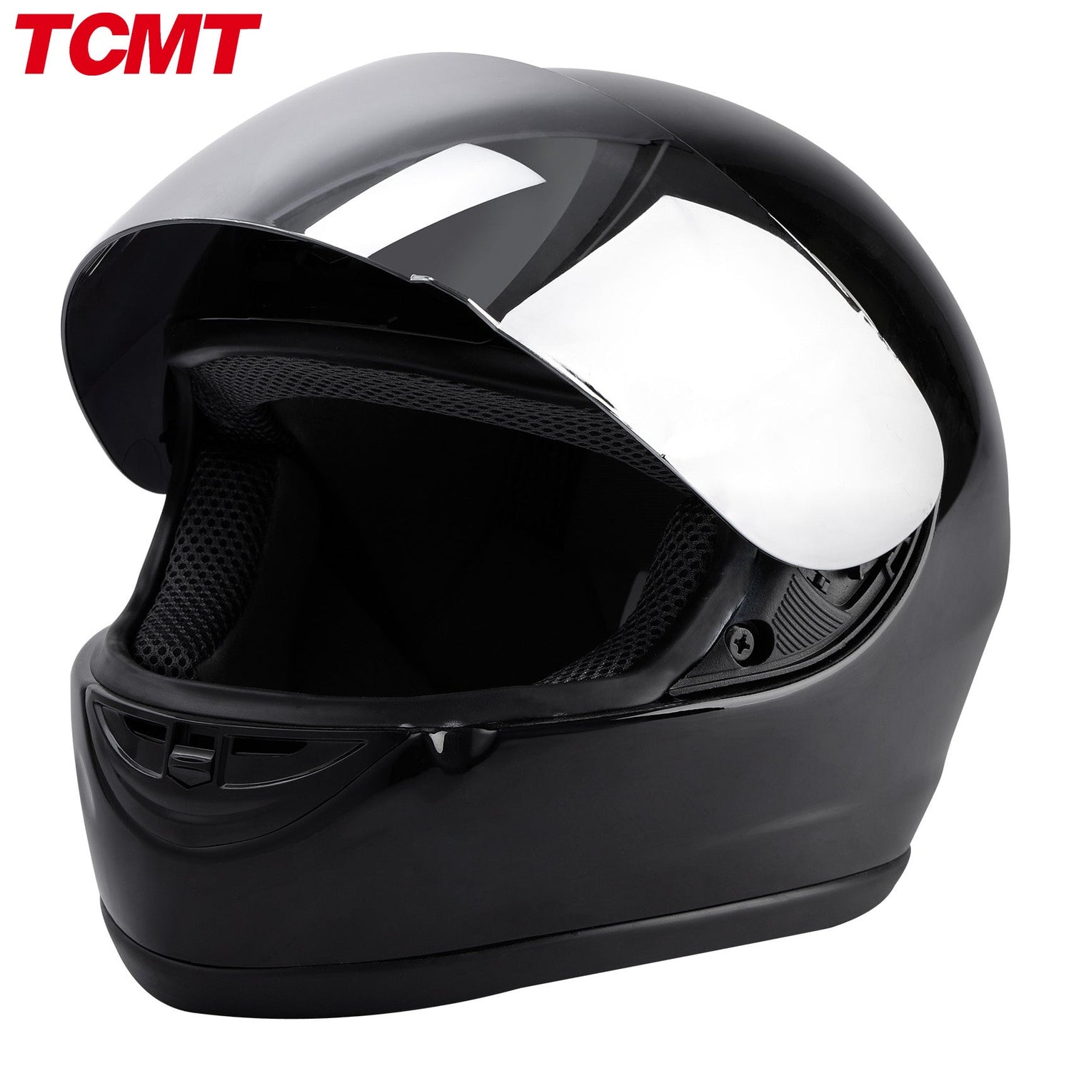 TCMT Gloss Black Full-Face DOT Certified Motorcycle Helmet - Adult Size S/M/L/XL Mirror Shield Superior Protection and