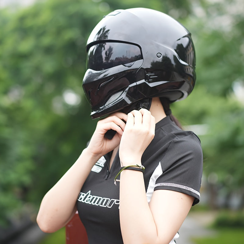 Glossy Black Vintage Motorcycle Helmet With Eps Lining Detachable Visor & Front Mouthpiece - Dot/Ccc Certified Unisex