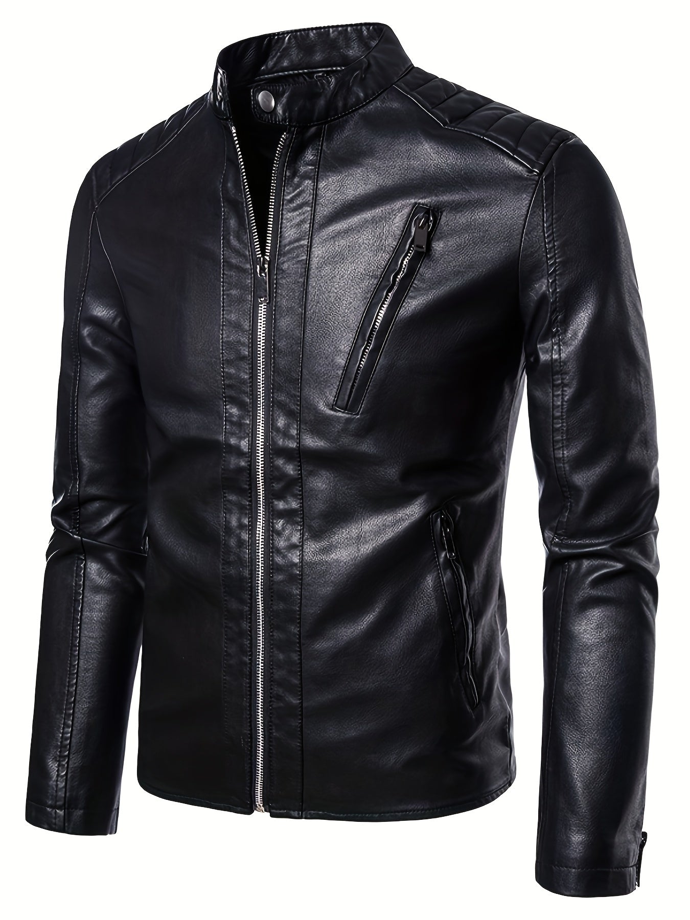 Men's Faux Leather Jacket, Slim Fit Stand Collar Motorcycle Jacket