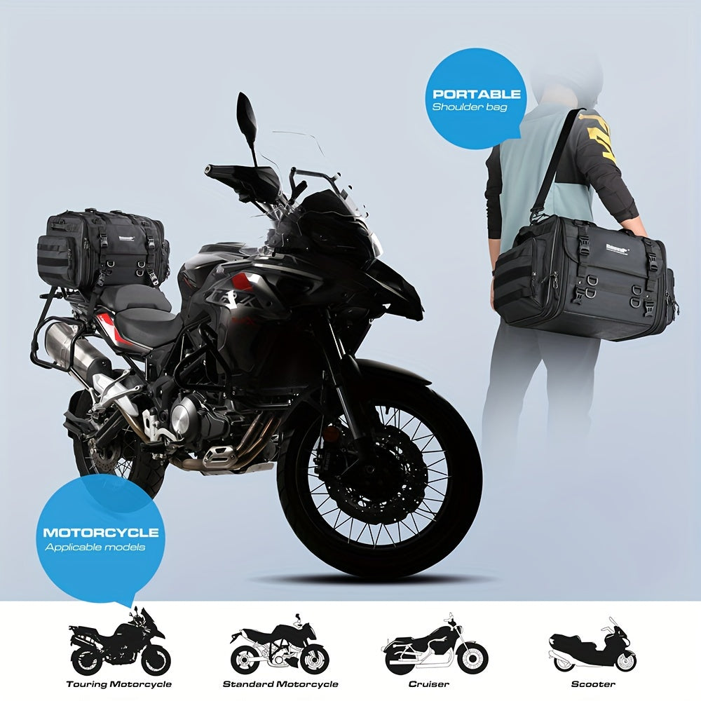 Expandable Motorcycle Travel Luggage Bag - 10.57-15.85gal Black PVC Saddle Bag with Adjustable Straps Multiple