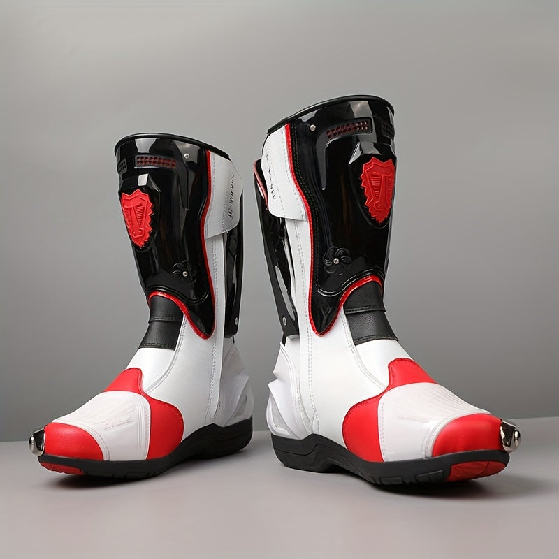 JG•WOLVES Men's Motorcycle Riding Boots - Windproof, Warm, All-Season Pull Tab Design, Black & Red Geometric Pattern, Sizes 39-47, Rubber Sole, Microfiber Synthetic Upper, Fabric Lining, Outdoor Cycling Gear | Geometric Pat